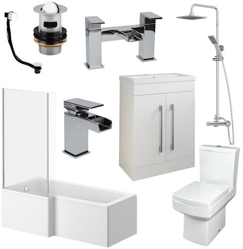 Royan Complete Bathroom Suite Bundle with L Shape Shower Bath & Aurora Vanity Unit Left Hand 1600mm