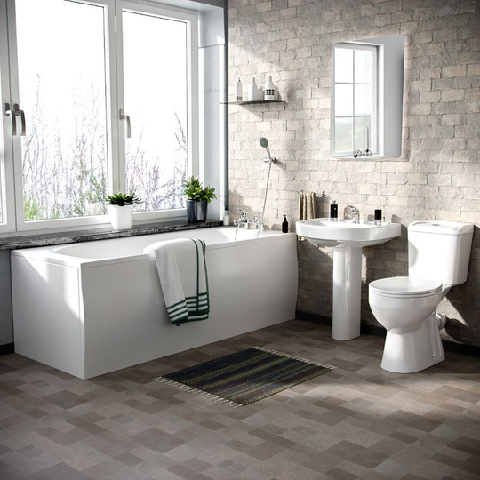 Neshome - Kentucky 3-Piece Bath Suite Toilet (Eco-Toilet), Pedestal Basin, Round Bath With v Basin and Showers Mixer (Free Bath & Basin Wastes) White