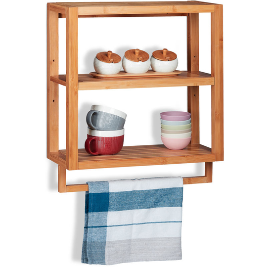 Bamboo Wall Shelf, 3 Tiers, Towel Rail, Adjustable Shelf, Kitchen & Bathroom Rack, hwd 58.5x52x21cm, Natural - Relaxdays