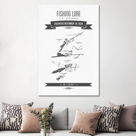 C.H. Scharrer Fishing Tackle Patent Sketch Retro (Charcoal) by Aged Pixel - Wrapped Canvas Art Prints