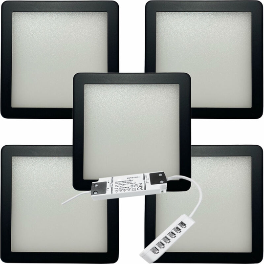 Loops - 5x matt black Ultra-Slim Square Under Cabinet Kitchen Light & Driver Kit - Natural White Diffused led