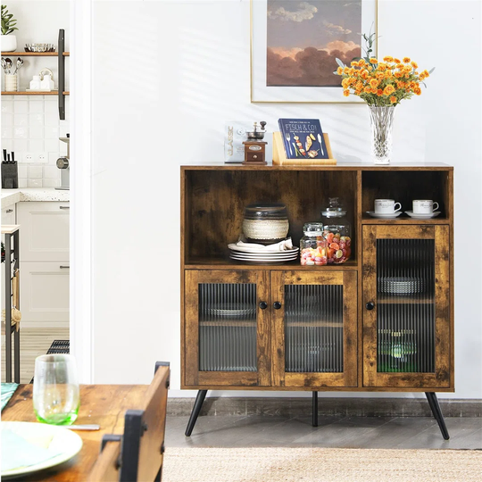 Industrial Storage Cabinet, Floor Standing Wooden Sideboard With Tempered Glass Doors, Adjustable Shelf And 5 Steel Legs, Side Cabinet Display Cupboar