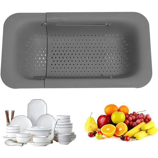 Kitchen Drain Basket, Retractable Plastic Sink Drain Rack, Household Sink Drain Basket for Fruit Vegetable Dishes Storage and Washing (Gray)