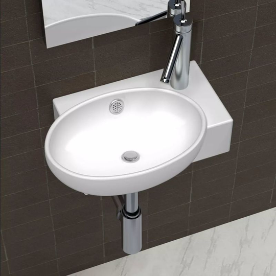 Ceramic Sink Basin Faucet & Overflow Hole Bathroom White VD03679