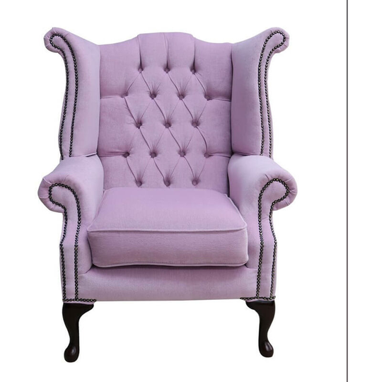 Chesterfield Fabric Queen Anne High Back Wing Chair Pimlico Blush Pink