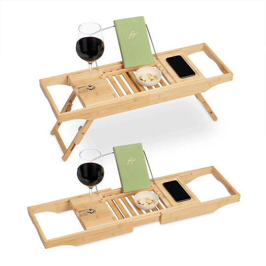 Bathtub Tray, Bamboo, Extendable from 70-108 cm, Caddy with Legs, Book Support & Wine Glass Holder, Natural - Relaxdays