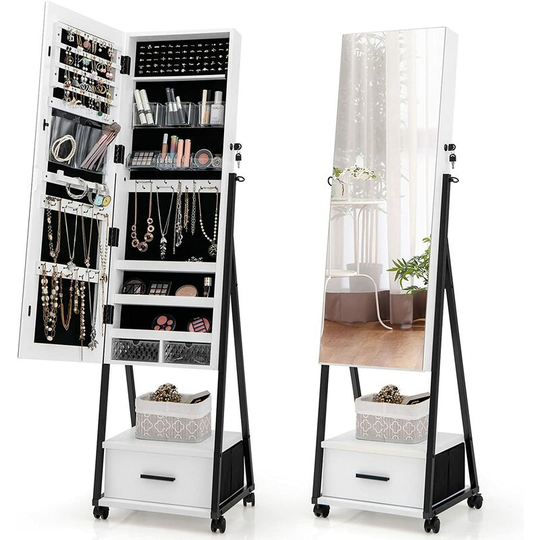 Mobile Jewelry Cabinet, Floor Standing Lockable Jewelry Armoire with Full Length Mirror, Drawer and Wheels, Makeup Jewellery Storage Organiser Unit