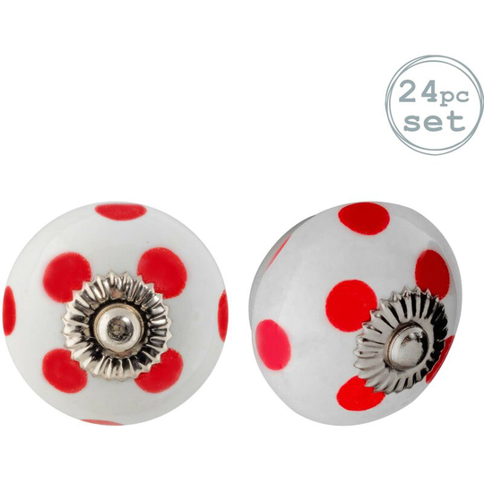 Round Ceramic Cabinet Knobs - Red Spot - Pack of 24 - Nicola Spring
