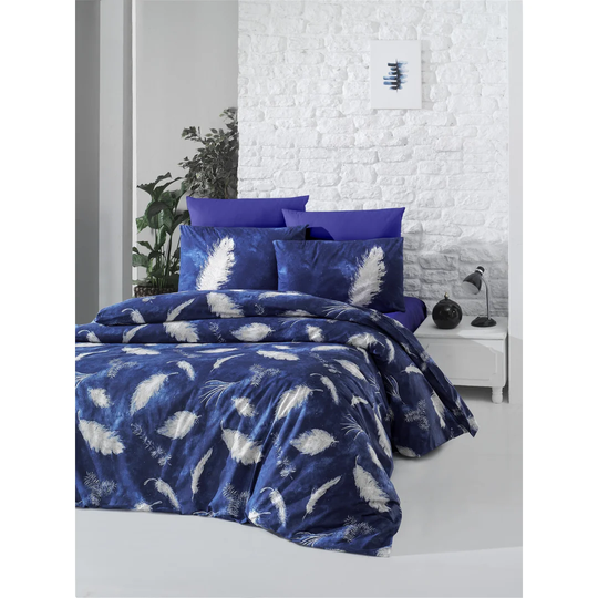 Oldham Dark/Blue/White Cotton 145 TC Modern & Contemporary 3 Piece Duvet Cover Set