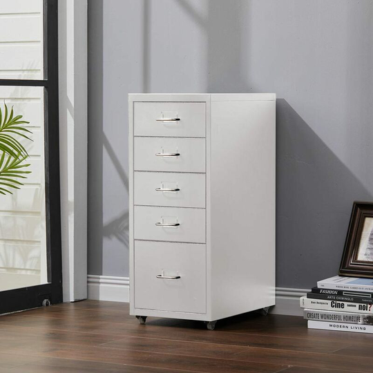 Office Rolling File Cabinet with 5 Drawers Shelf and Wheels, White - Livingandhome