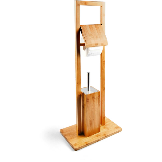 Bamboo Toilet Butler, With Toilet Paper Holder And Toilet Brush, 82 x 36 x 21 cm, Toilet Roll Holder, Natural - Relaxdays