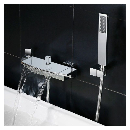 Contemporary recessed bathtub faucet with chrome hand shower