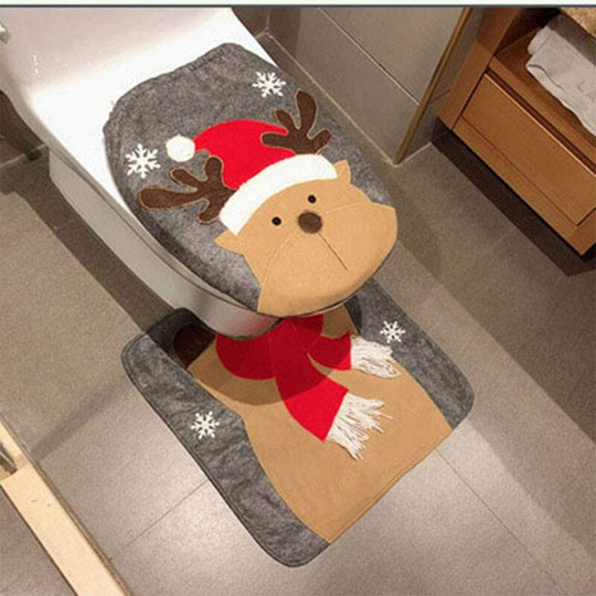 Christmas Snowman Santa Deer Toilet Seat Cover and Rug Set Christmas Bathroom Decorations (Deer)