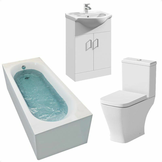 Bathroom Suite 1600 x 700 Single Ended Bath Toilet Basin Vanity Unit Gloss White - White