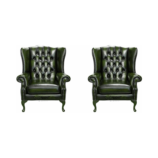 Chesterfield 2 x Mallory Wing Chair Leather Sofa Suite Offer Antique Green