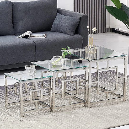 Stainless Steel Nest Of Tables With Clear Tempered Glass Top Set Of 3 For Living Room(Grid)