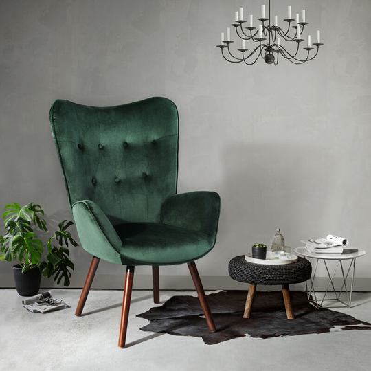 Urbanmeuble - Lounge chair with armrests, with pine wood legs, velvet padding and folding buttons, color Dark Green (green velvet)