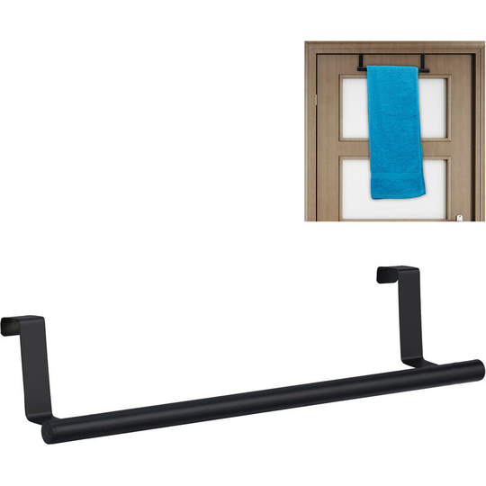 Towel Holder for Doors & Closet, Hanging, Stainless Steel, Rail, No Drilling, Kitchen & Bathroom, Black - Relaxdays