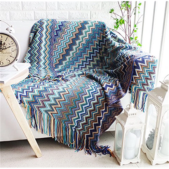 Bohemian Style Sofa Throws Warm Thick Armchair Cover Soft Blanket, 130 Cm X 160 Cm (Blue)