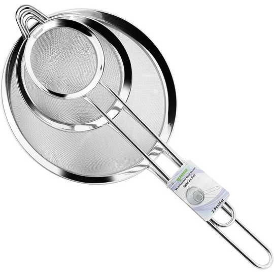 Perlerare - Stainless Steel Kitchen Colander / Flour Sifter with Fine Mesh Handles 7cm, 12cm and 18cm for Powdered Pie Batter Draining Noodles / Rice