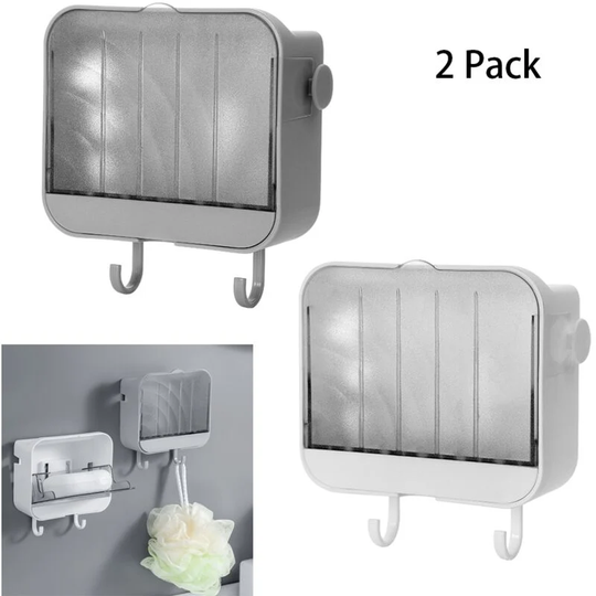 2 Pieces Soap Dish, Each Soap Dish with 2 Hooks and Drain Tray (White, Gray), Wall Mounted No Drilling Soap Dish, Strong Soap Holder for Bathroom and