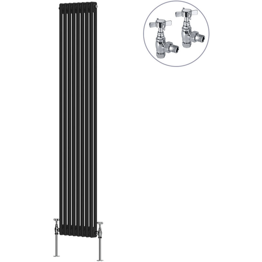 Black Traditional Cast Iron Style Radiator with Chrome Angled Cross Head Manual Valves Vertical 2 Column 1800x380mm