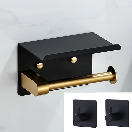Toilet Paper Holder with Phone Shelf + 2 Towel Hooks, Wall Mounted Stainless Steel Toilet Roll Holder (Black Gold), Double Sided Adhesive No Drill or
