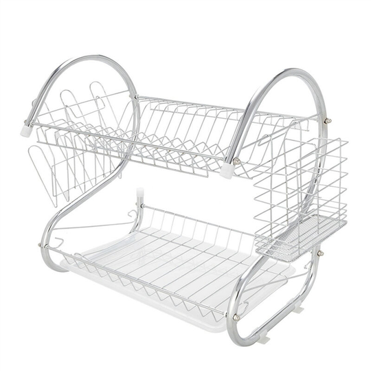 Dish Drainer, 2 Tier Stainless Steel Dish Drying Rack Holder with Drip Large Tray for Kitchen Utensil (Chrome)