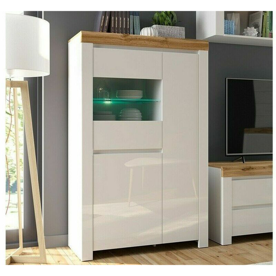 Impact Furniture - Tall Glass Display Cabinet Soft Close Shelf led Light White Gloss Oak Effect Holten - White Gloss / Oak Finish