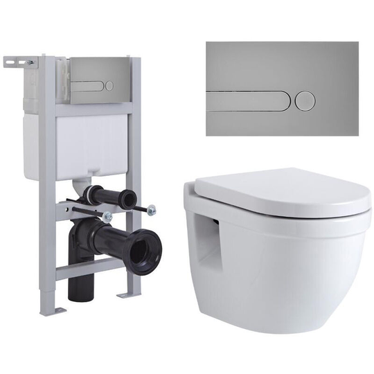 Milano - Newby - White Ceramic Modern Bathroom Wall Hung Round Toilet wc with Short Wall Frame, Dual Flush Cistern, Soft Close Seat and Dot Satin