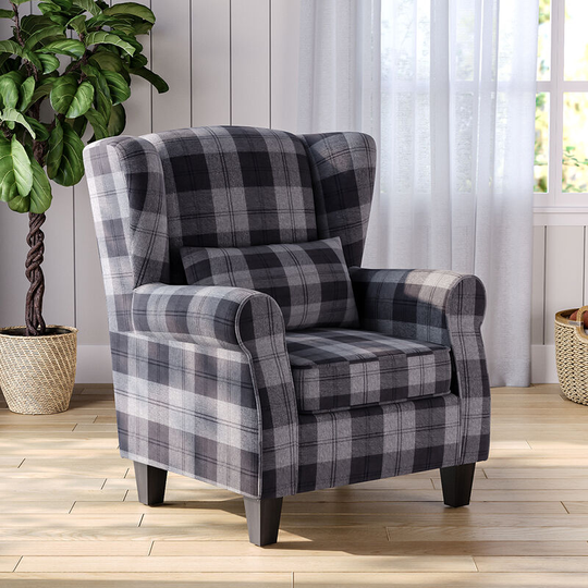 Chesterfield Tartan High Back Armchair with Thick Cushion and Pillow, Grey - Livingandhome