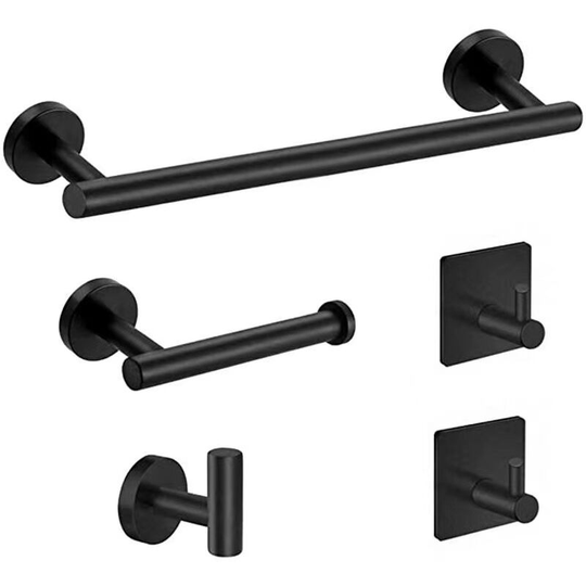 Set of 5 Black Bathroom Sets Wall Mounted, Robe Hook, Wall Mounted Toilet Paper Holder, Towel Ring, 16'' Towel Rack, Bathroom Accessories, Towel