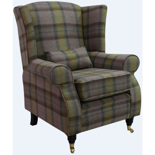Arnold Wool Tweed Wing Chair Fireside High Back Armchair Wool Plaid Olive Grove Check