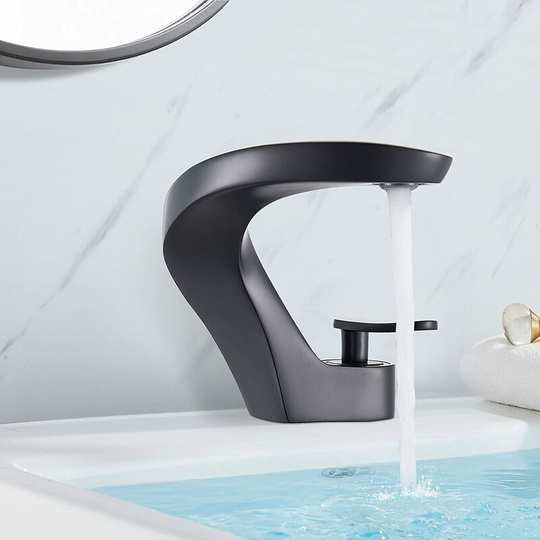 Bathroom sink faucet, curved single-lever bathroom sink mixer, black hot and cold water sink faucet, solid brass