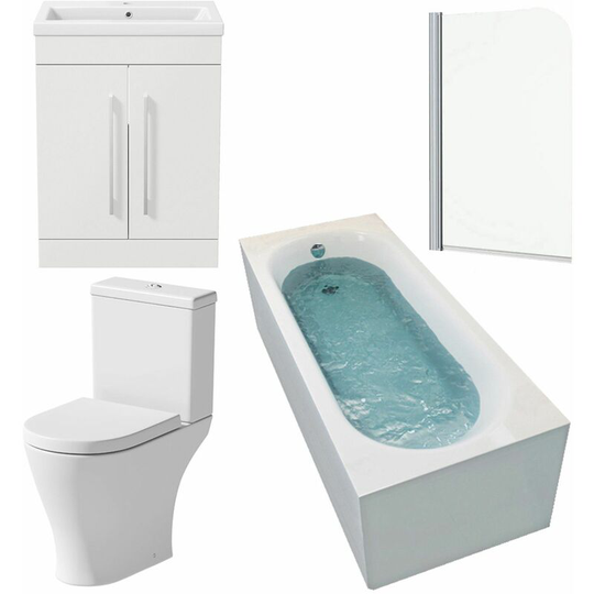 Bathroom Suite 1600 x 700mm Bath Shower Screen Toilet Basin Vanity Unit White - White