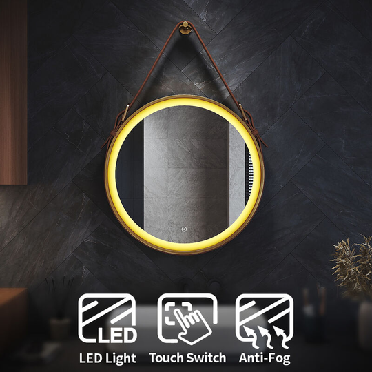Bathroom led Mirror 600 x 600 mm Round Gold Edge Wall Mounted Led Mirror with Belt, Demister Pad - Elegant