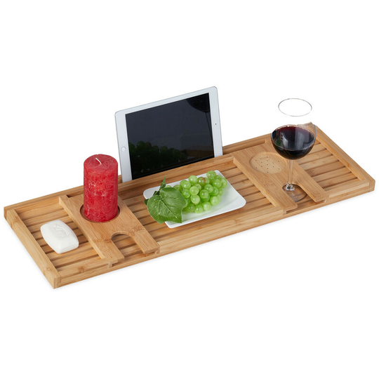 Relaxdays Bamboo Bathtub Tray, 73.5 cm Wide, Over the Bath Caddy, Wooden Rack, with Wine Glass & Tablet Holder, Natural