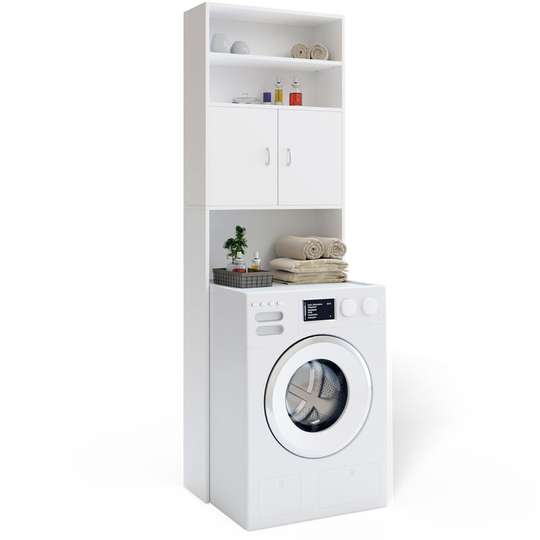 Washing Machine Cabinet Over Toilet Rack Floor Bathroom Storage Space Saving White Laundry Shelf 4 Shelves 2 Doors 195x63cm