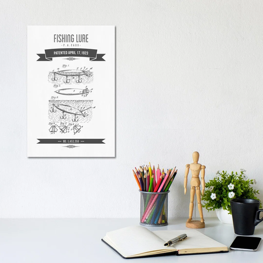 F.A. Cass Fishing Lure Patent Sketch Retro (Charcoal) by Aged Pixel - Wrapped Canvas Art Prints