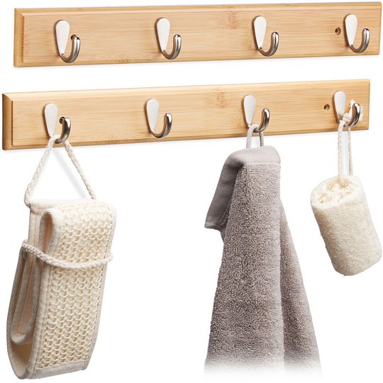 Set of 2 Wall Coat Racks, Natural Grain, Bamboo & Metal, Hallway, Towel Holder, 4 Hooks, 6x48.5x5 cm, Natural - Relaxdays