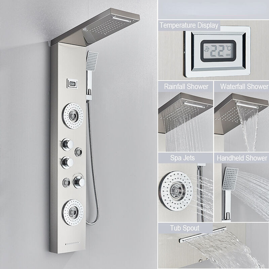 Shower Panel Tower Shower Mixer 304 Stainless Steel Shower System Shower Column Waterfall Rainfall Head Shower Massage Jets Hand Shower and Tub Spout