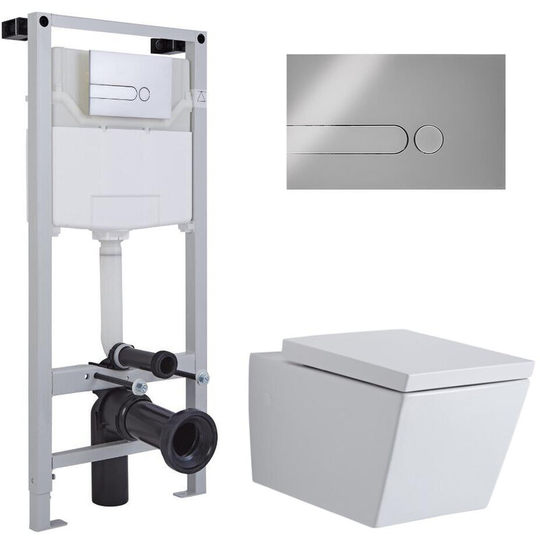 Milano Dalton - White Ceramic Modern Bathroom Wall Hung Square Toilet WC with Tall Wall Frame Cistern and Dot Chrome Flush Plate
