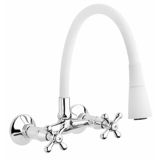 White Flexible Spout Chrome Kitchen Tap Wallmounted Faucet Cross Heads Mixer