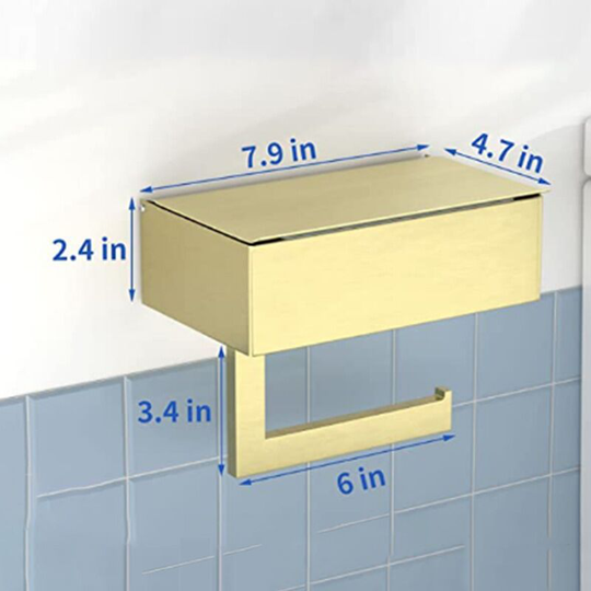 Toilet roll holder with storage shelf - wall mounted bathroom roll holder (gold)
