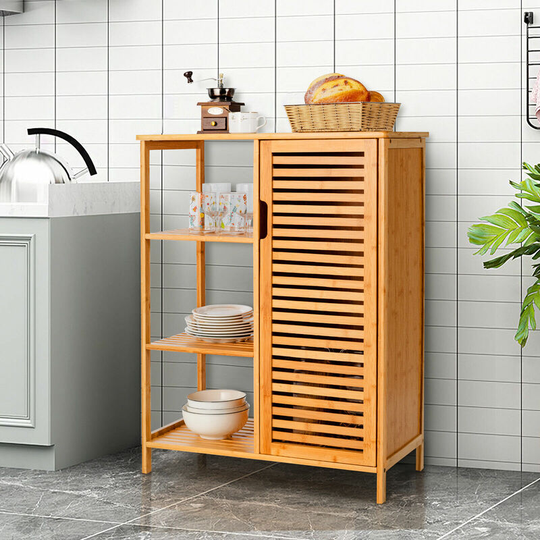 Casart - 3-tier Bamboo Open Shelf & Large Storage Cabinet Kitchen Cupboard Display Rack