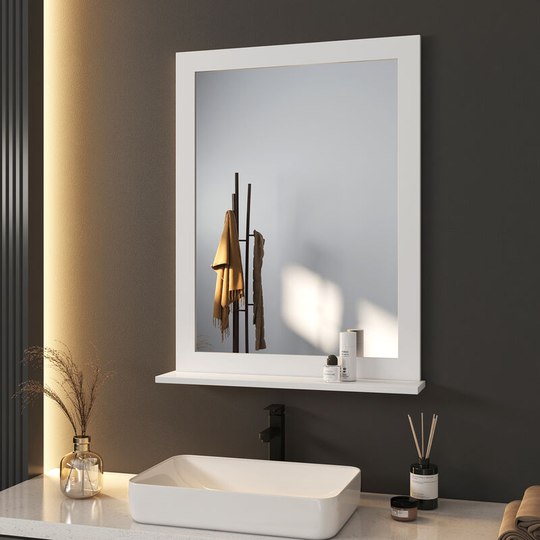 Bathroom Mirror 60x80cm with Storage Rack shelf, White Frame Wall Mounted Bathroom Mirror - 60x80x12cm - Meykoers