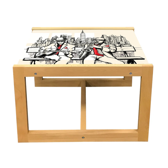 Music Coffee Table, Jazz Men Band Playing Beats In New York At Night Retro Style Illustration Print, Acrylic Glass Center Table With Wooden Frame For