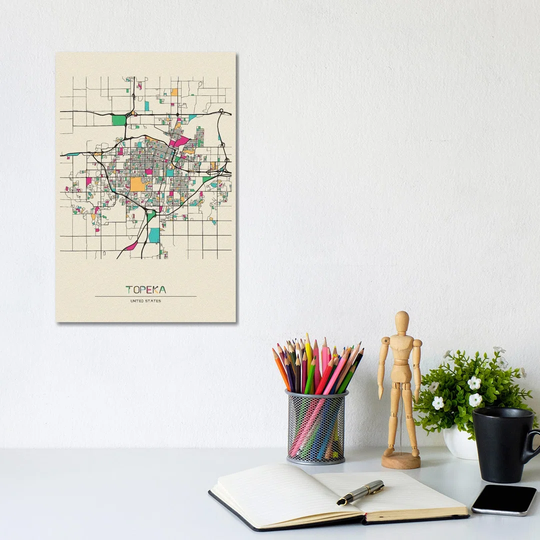Topeka, Kansas Map by Ayse Deniz Akerman - Wrapped Canvas Art Prints