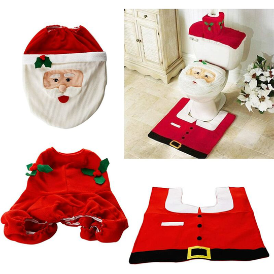 3 Pieces Xmas Toilet Seat Cover Decorations, Snowman Santa Toilet Seat Cover and Rug and Tissue Box Cover Set Red for Christmas Home Bathroom Decor