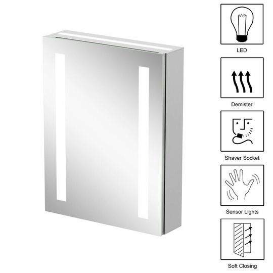 Bathroom Mirror Cabinet led Lights Wall Mounted Mains Demister IP44 500 x 650mm - Silver